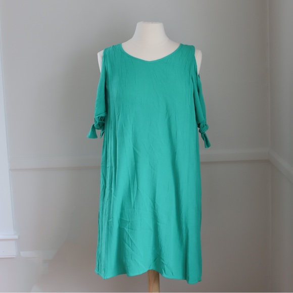 NEW Soft Surroundings Destin Crinkle Pullover Cold Shoulder Tunic Dress Green SP - Picture 3 of 9